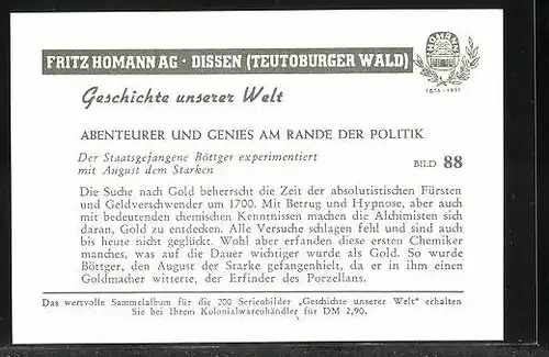 Sammelbild Fritz Homann AG, Abenteurer und Genies am Rande der Politik, Staatsgefangener Böttger mit August dem Starken
