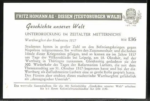 Sammelbild Fritz Homann AG, Unterdrückung im Zeitalter Metternichs, Wartburgfest der Studeneten 1817