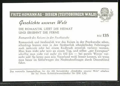 Sammelbild Fritz Homann AG, die Romantik liebt die Heimat, Romantik des Reisens in der Postkutsche