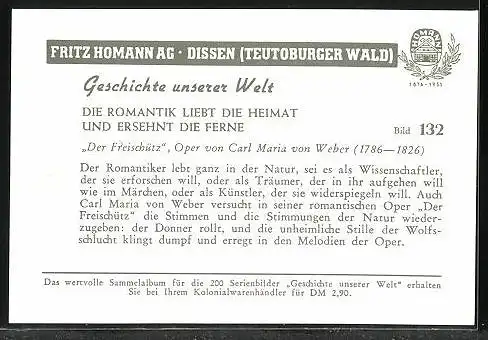 Sammelbild Fritz Homann AG, die Romantik liebt die Heimat, der Freischütz, Oper von Carl Maria von Weber