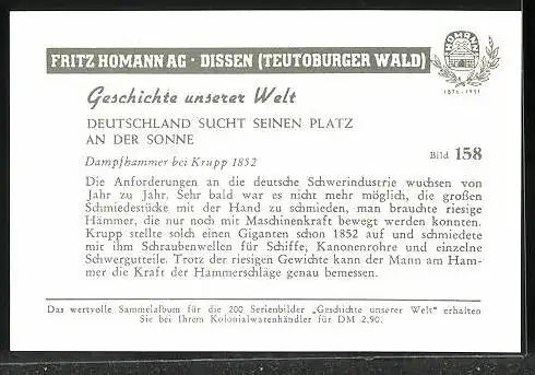 Sammelbild Fritz Homann AG, Deutschland sucht seinen Platz an der Sonne, Dampfhammer bei Krupp 1852