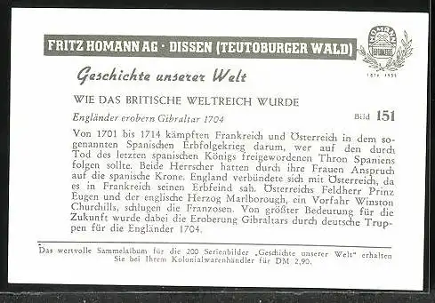 Sammelbild Fritz Homann AG, wie das Britische Weltreich wurde, Engländer erobern Gibraltar 1704