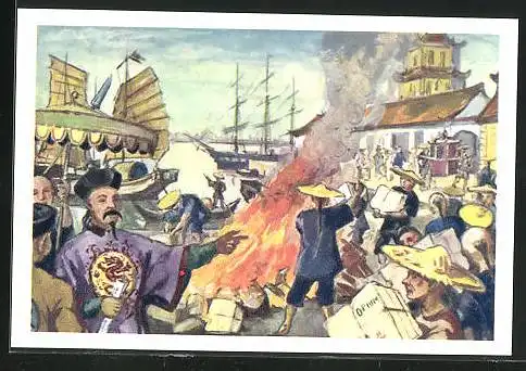 Sammelbild Fritz Homann AG, wie das Britische Weltreich wurde, Chinesen verbrennen englisches Handelsgut 1840
