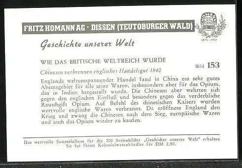 Sammelbild Fritz Homann AG, wie das Britische Weltreich wurde, Chinesen verbrennen englisches Handelsgut 1840