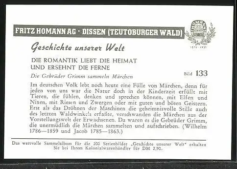 Sammelbild Fritz Homann AG, die Romantik liebt die Heimat, die Gebrüder Grimm sammeln Märchen