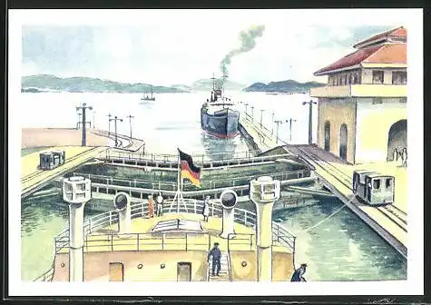 Sammelbild Fritz Homann AG, die grossen Kanäle - Weltmacht Wirtschaft, in den Schleusen des Panamakanals 1915