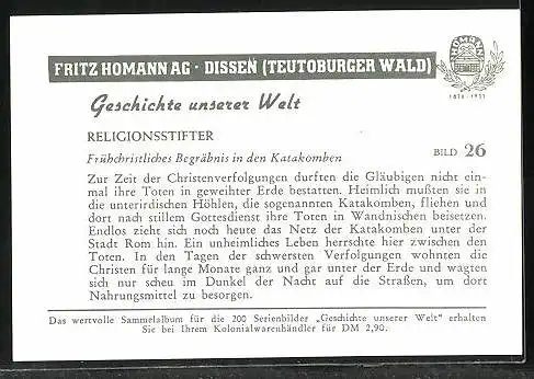 Sammelbild Fritz Homann AG, Religionsstifter, Frühchristliches Begräbnis in den Katakomben