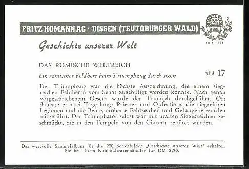Sammelbild Fritz Homann AG, das Römische Weltreich, ein römischer Feldherr beim Triumphzug durch Rom