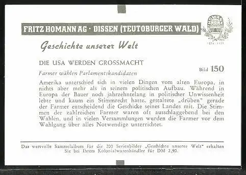 Sammelbild Fritz Homann AG, Die USA werden Grossmacht, Farmer wählen Parlamentskandidaten