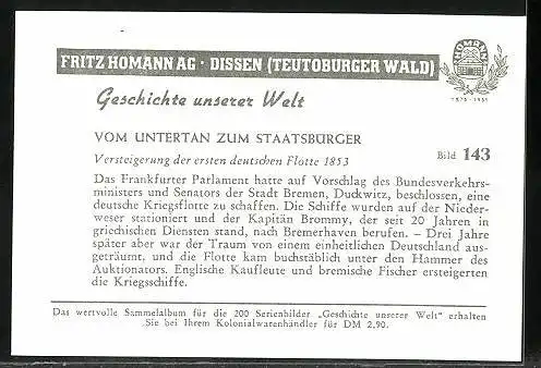 Sammelbild Fritz Homann AG, vom Untertan zum Staatsbürger, Versteigerung der ersten deutschen Flotte 1853