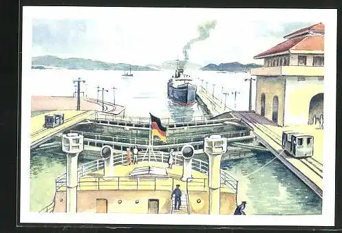 Sammelbild Fritz Homann AG, die grossen Kanäle - Weltmacht Wirtschaft, in den Schleusen des Panamakanals 1915