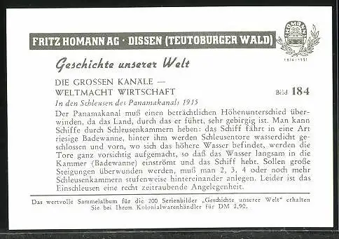 Sammelbild Fritz Homann AG, die grossen Kanäle - Weltmacht Wirtschaft, in den Schleusen des Panamakanals 1915