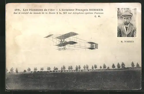AK Aviateur Francais Sommer im Flugzeug vom Typ Farman