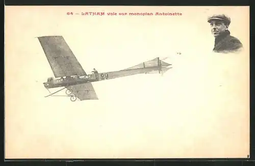AK Pilot Latham im Monoplan-Flugzeug vom Typ Antoinette