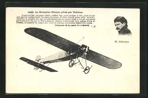 AK Pilot M. Védrines im Monoplan Morane, Flugzeug