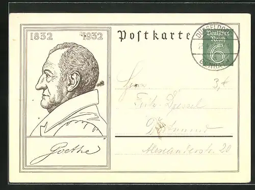 AK Portrait von Goethe im Profil, 1832-1932, Ganzsache