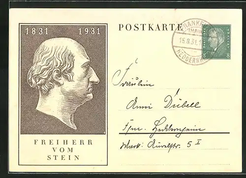 AK Portrait Freiherr vom Stein im Profil, 1831-1931, Ganzsache, Befreiungskriege