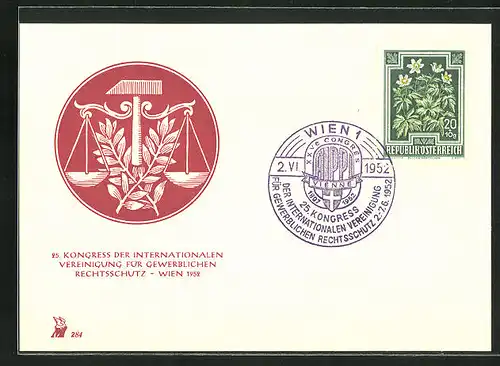 Künstler-AK Wien, 25. Kongress der Internationalen Vereinigung für gewerblichen Rechtsschutz 1952, Hammer und Waage