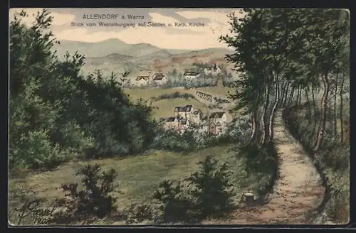 Künstler-AK Allendorf a. Werra, Blick vom Westerburgweg auf Sooden u. kath. Kirche