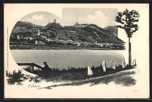 AK Kobern, Blick über den Rhein auf die Burgruine