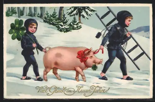 AK Glück im neuen Jahr, Schornsteinfeger mit Glücksschwein