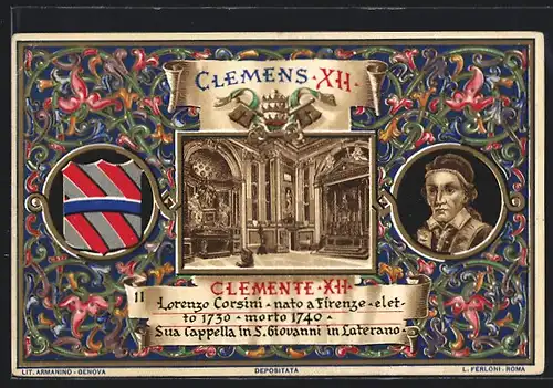 Lithographie Papst Clemens XII., Portrait, Wappen, Kirchenraum