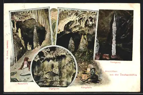 AK Dechenhöhle mit Zwergen in der Kaiserhalle, Orgelgrotte & Palmgrotte