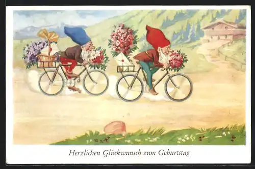 AK Zwerge auf Fahrrädern mit Blumen und Briefen