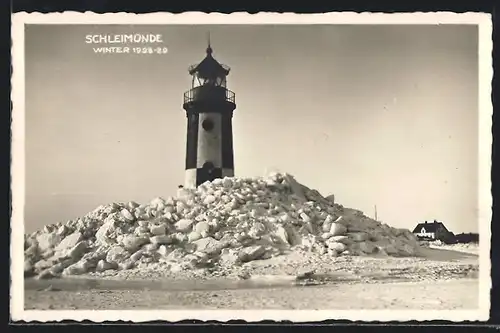 AK Schleimünde, Leuchtturm mit vereistem Ostseeufer im Winter 1928 /29
