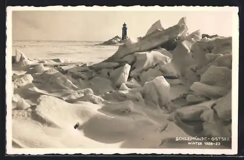 AK Schleimünde, Eisstoss mit Blick zum Leuchtturm im Winter 1928-1929