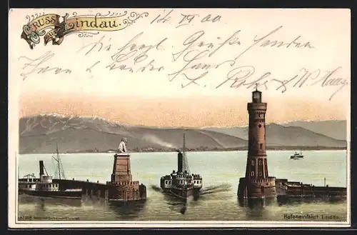 Lithographie Lindau /Bodensee, Dampfer an der Hafeneinfahrt