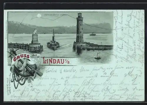 Mondschein-Lithographie Lindau / Bodensee, Dampfer passiert die Hafeneinfahrt und den Leuchtturm