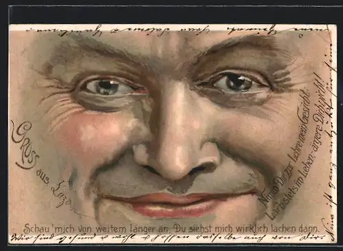 Lithographie lächelndes Gesicht in extremer Nahaufnahme
