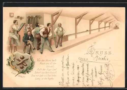 Lithographie Männer beim Kegeln