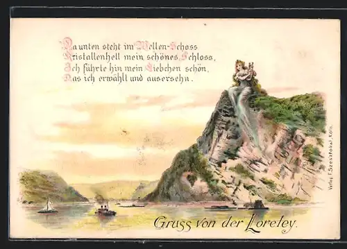 Lithographie Gruss von der Loreley, Loreley mit Harfe