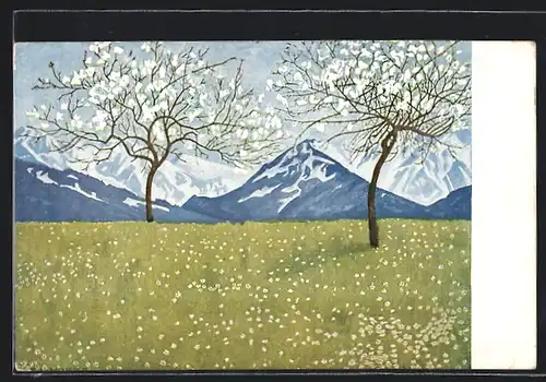 Künstler-AK Eugen Ludwig Hoess: Frühlingslandschaft in den Alpen