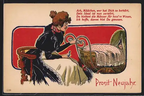 Künstler-AK Scherz, junge alleinerziehende Mutter mit Kinderwagen