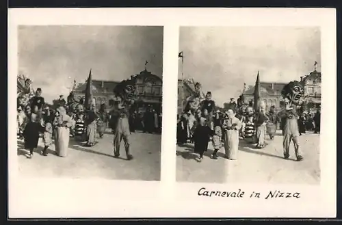 Stereo-AK Nizza, Carnevale, verkleidete Bewohner ziehen durch die Strasse