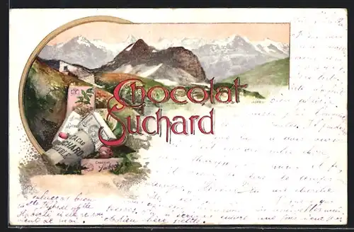 AK Reklame für Chocolat Suchard, Schokoladenverpackungen mit Gebirgsblick