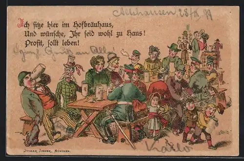 Lithographie München, Besucher des Münchner Hofbräuhauses