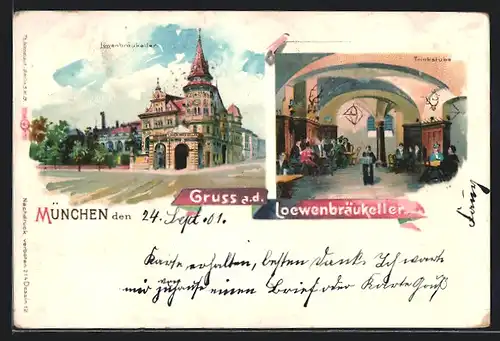 Lithographie München, Löwenbräu-Keller, Trinkstube, Aussen- u. Innenansicht