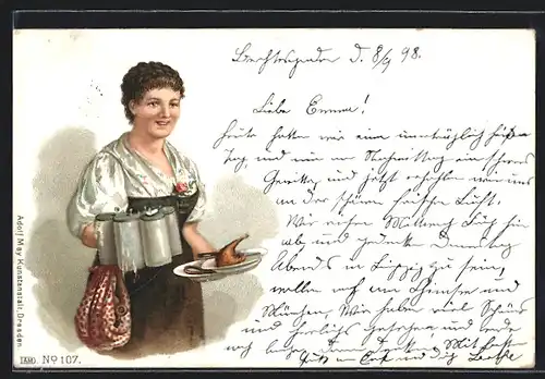 Lithographie Kellnerin serviert Bier und Hähnchenschenkel