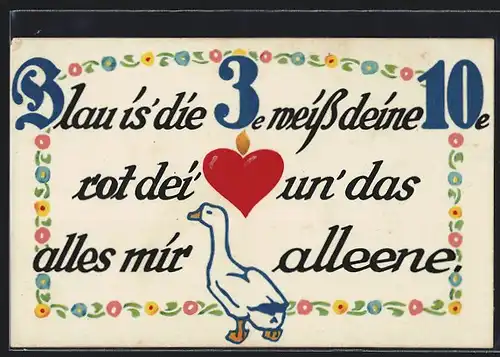 AK Blau is` die Treue weiss deine Zähne, rot dei` Herz un` das alles mir ganz alleene, Rebus