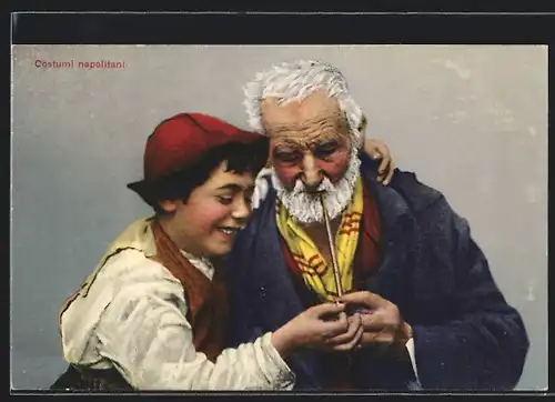 AK Costumi napolitani, Grossvater und Enkel mit Tabakpfeife