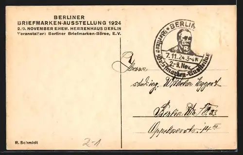 AK Berlin, Briefmarken-Ausstellung 1924, Ehem. Herrenhaus, Weltkugel und Briefmarken