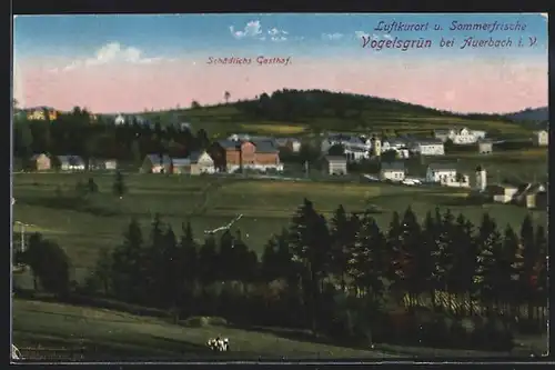 AK Vogelsgrün b. Auerbach i. V., Gesamtansicht mit Schädlichs Gasthof