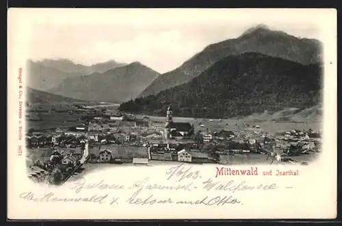 AK Mittenwald, Ortsansicht mit Isarthal