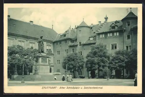 AK Stuttgart, Alter Schlossplatz mit Schillerdenkmal