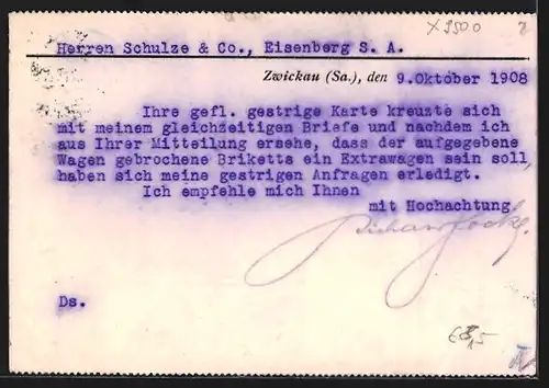 AK Zwickau i. Sa., Richard Focke, Kohlen und Briketts, Mitteilung an Schulze & Co, Eisenberg