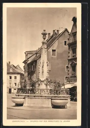 AK Saarbrücken, Brunnen auf dem Marktplatz St. Johann